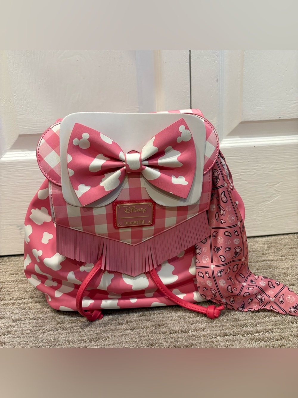 Disney Loungefly Pink Cow Print Cowgirl Minnie Mouse Convertible Flap Backpack
